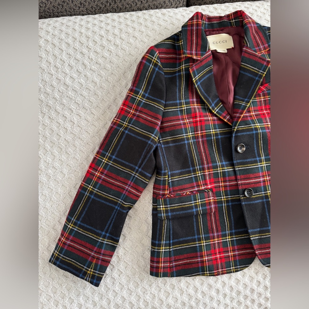 GUCCI Kids Elementary Tartan Blazer Jacket Size 6 Red Black Green Yellow Plaid - Picture 3 of 15